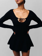 Solid Knit Long Sleeve Front Tie Mini Dress