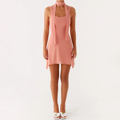 Peach Solid Strap Mini Dress with Scarf