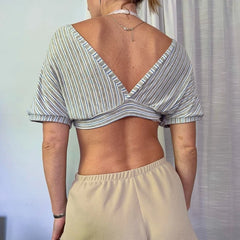 Grey Deep V-Neck Short Sleeve Striped Crop Top