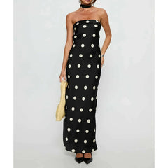 Strapless Dot Print Maxi A-line Dress with Scarf