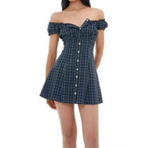 Off-Shoulder Plaid Buttoned Mini Dress