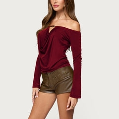 Draped Off Shoulder Long Sleeve Top