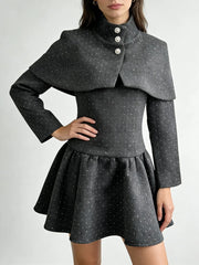 Grey Square Neck Long Sleeves Shawl Mini Dress