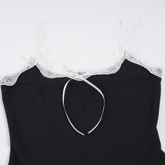 Black Ribbed Lace Trim Strap Mini Dress