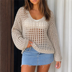Hollow Crochet Cover Up Long Sleeve Pullover Top