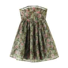 Green Floral Mesh Strapless A-line Mini Dress With Removable High Collar Bow Sleeves