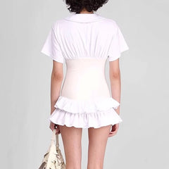 White Short Sleeve Collar Button Corset Patchwork Mini Dress