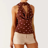 Polka Dot Print Cowl Tank Top with Scarf