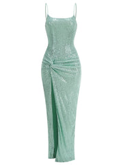 Spaghetti Strap Sequins Folds Long Dress