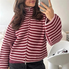 Striped Knit High Neck Zipper Cardigan