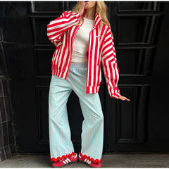 Striped Contrast Wave Cut Wide Leg Pants