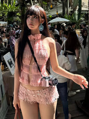 Pink Ruched Halter Open Back Top And Fur Sequin Shorts Set