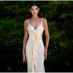 Satin Flowers Ruffles Long Dress