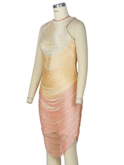 Tassel Bandage O-Neck Gradient Mini Dress