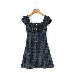 Off-Shoulder Plaid Buttoned Mini Dress