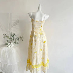 Yellow Spaghetti Strap Embroidered Flower Midi Dress