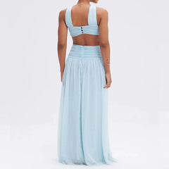 Blue Off Shoulder Pleated Long Dress