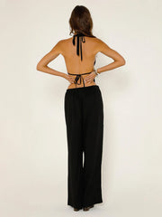 Stripe Tie-Up Halter Neck Backless Tank Top And Wide-Leg Pants Set