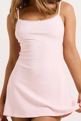 Ribbed Lace Trim Spaghetti Strap Mini Dress