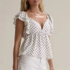 White Polka Dot Ruffle Sleeve Peplum Top