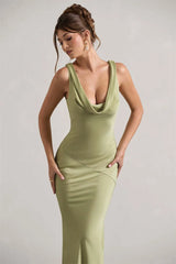 Satin Cowl Neck Backless Maxi Dress