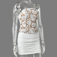 White Strapless Lace Corset Ruched Hem Bodycon Mini Dress