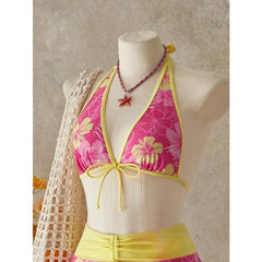 Floral Color Block Triangle Bikini And Pants With Cover Up Skirt Three-Piece Set