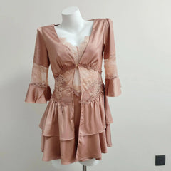 Long Sleeve Lace Mesh Tie Up Top Loungewear