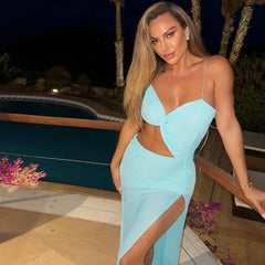 Mesh Spaghetti Strap Cut Out Slit Long Dress
