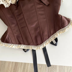 Brown Lace Tie Up Strapless Lace Detail Corset