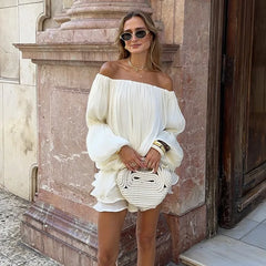 Satin Off Shoulder Lantern Sleeve Ruffled Mini Dress