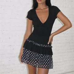 Black Polka Dot V-Neck Short Sleeve Mini Ruffle Dress