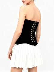 Black Velvet Strapless White Pleated Mini Dress