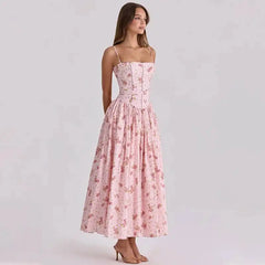 Floral Print Square Neck Strap Long Dress