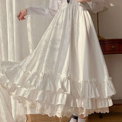 Women's ruffles lace trim bow maxi skirt in black or white.