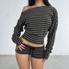 Grey Striped One-Shoulder Long-Sleeve Top and Shorts Matching Set