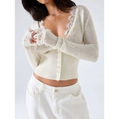 White Lace Trim Long Sleeve Button Down Knit Top