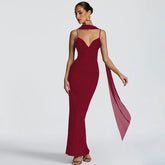 Strappy Solid V-Neck Maxi Dress With Scarf
