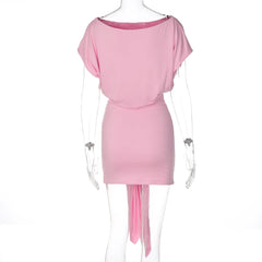 Pink Short Sleeve Waist Tie Mini Dress