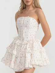 White Floral Lace Up Strapless Ruffles Mini Dress