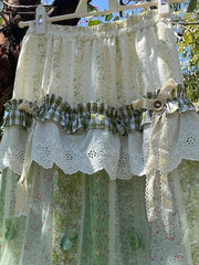 Green Floral Ruffle Long Skirt - Office Lady A-Line