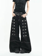 Black Rivet Metal Buckle Embellishment Wide Leg Jeans