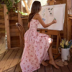 Floral Print Square Neck Strap Long Dress