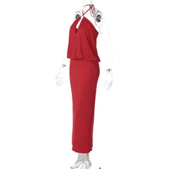 Red Halter Neck O‑Ring Maxi Dress