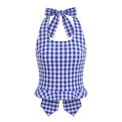 Blue Gingham Halter Back Tie Ruffle Hem Crop Top