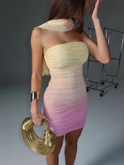 Pink Gradient Ruched Bodycon Strapless Mini Dress With Scarf