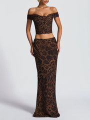 Leopard Print Off Shoulder Crop Top And Maxi Skirt Set