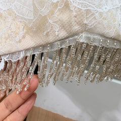 Beaded Tassel Hem Lace 3D Applique Strapless Mini Dress