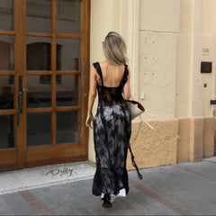 Black Lace Sheer Ruffle Strap Maxi Dress