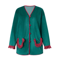 Long Sleeve Button‑Down Tassel Fringe Pocket Top And Elastic Waist Shorts Loungewear Set